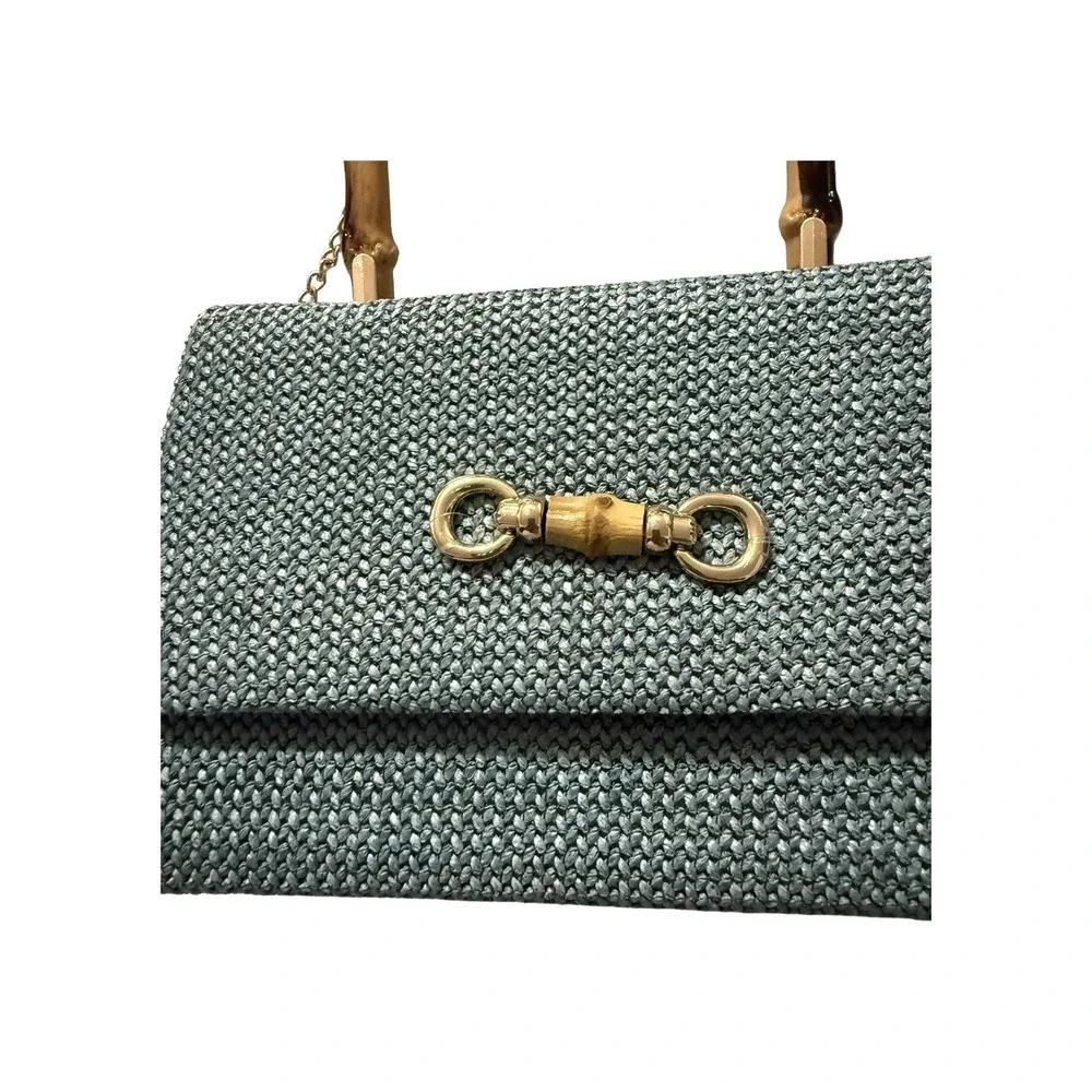 Savanna Blue Woven Purse with Bamboo Handle and Gold Tone Chain Strap NWT